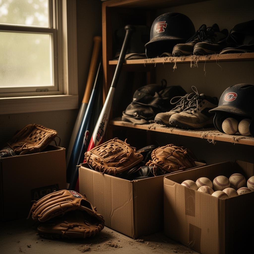 Piles of unused baseball gloves, bats, and cleats gathering dust in a garage