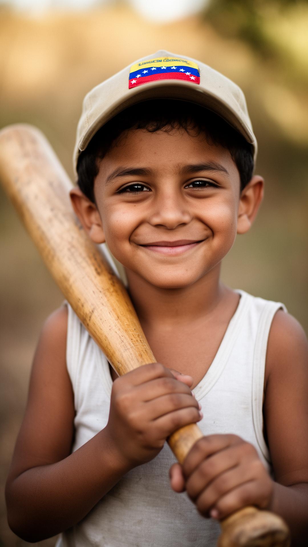 Young Venezuelan ballplayer smiling with a wooden bat